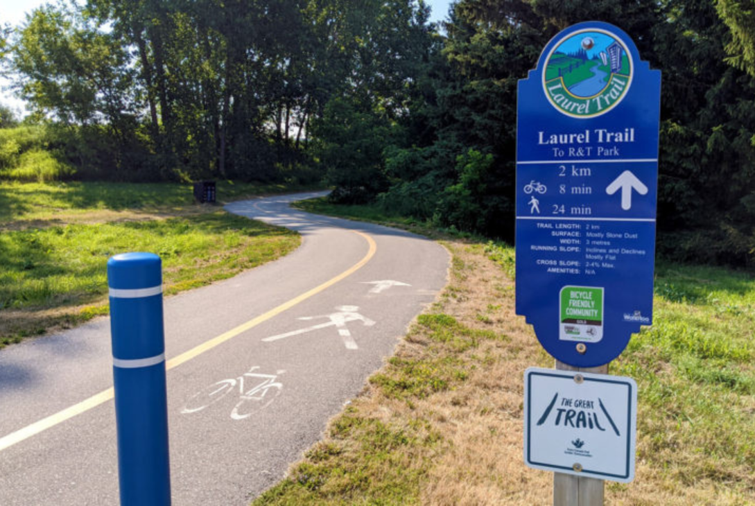 Laurel Trail Waterloo Ontario entry sign and path