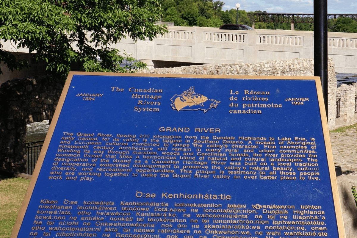 Grand River heritage plaque at Mill Race Park Cambridge